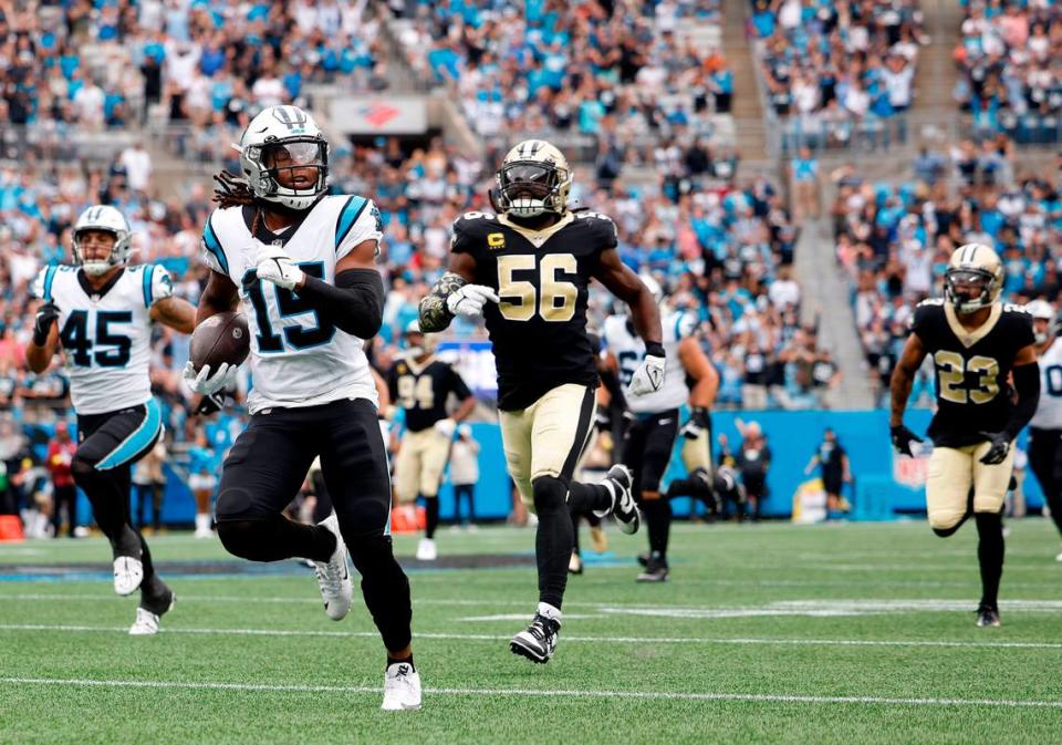 Carolina Panther wide receiver Laviska Shenault Jr. scores on a 67-yard touchdown pass during a game against New Orleans at Bank of America Stadium in Charlotte, N.C., Sunday, Sept 25, 2022.