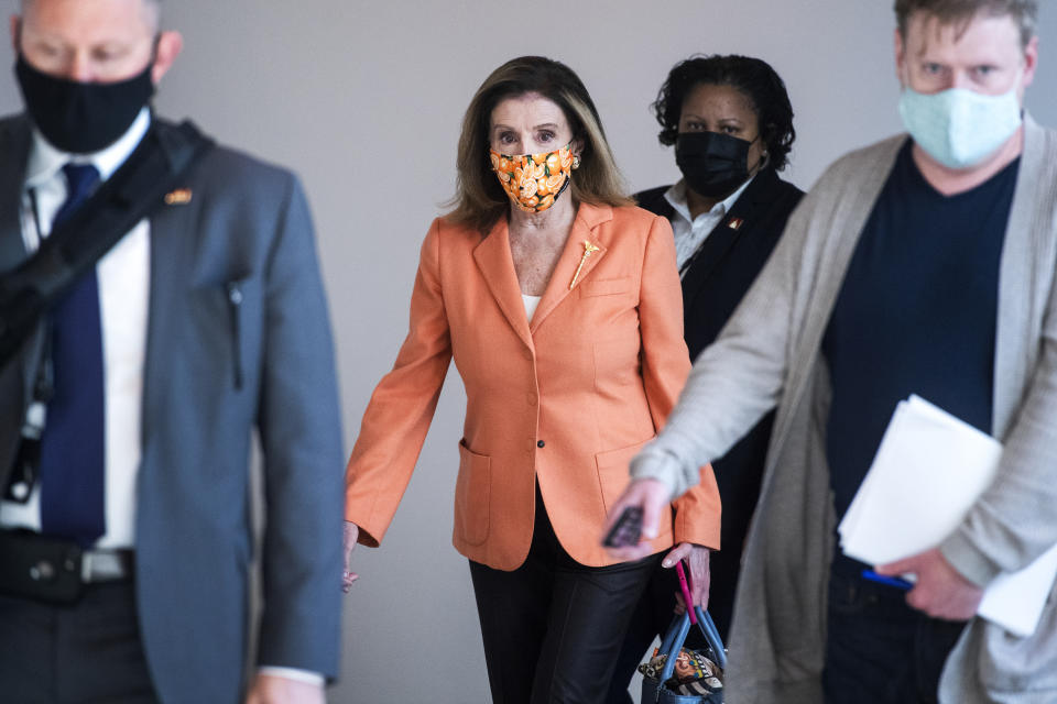 UNITED STATES - OCTOBER 08: Speaker of the House Nancy Pelosi, D-Calif., leaves her weekly news conference in the Capitol Visitor Center on Thursday, October 08, 2020. (Photo By Tom Williams/CQ-Roll Call, Inc via Getty Images)