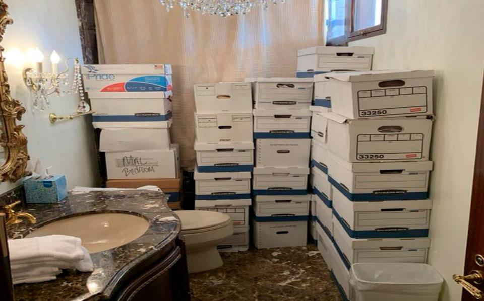 Documents stored in a bathroom in the Lake Room at Donald Trump's Mar-a-Lago estate in Palm Beach, Florida