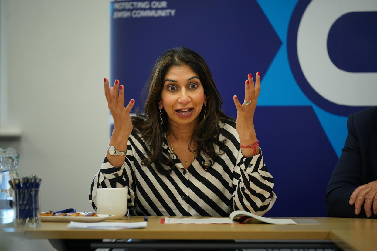 Home Secretary, Suella Braverman, during a visit to the Community Security Trust in London, where she met members of staff and leaders as the death toll rises amid the ongoing violence in Israel and Gaza following the attack by Hamas. Picture date: Monday October 9, 2023. (Photo by Yui Mok/PA Images via Getty Images)