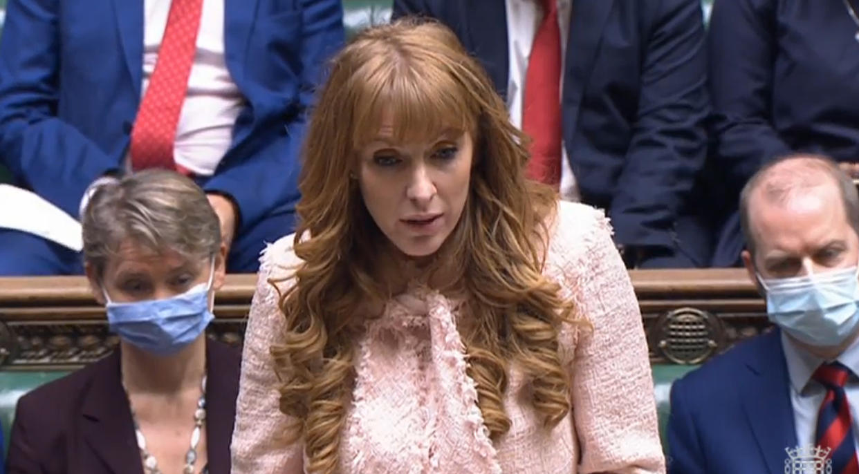 Labour deputy leader Angela Rayner in the House of Commons, Westminster, asking an urgent question over the lockdown-busting Downing Street drinks party allegedly attended by Boris Johnson and his wife Carrie. Police are in contact with the Cabinet Office over claims that Martin Reynolds, a senior aide to the Prime Minister, organised a 