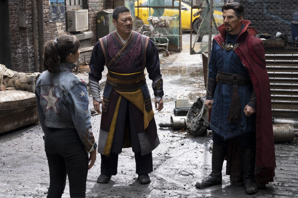 Xochitl Gomez as America Chavez, Benedict Wong as Wong, and Benedict Cumberbatch as Doctor Strange/Stephen Strange in Doctor Strange in the Multiverse of Madness. (Marvel Studios/Disney)