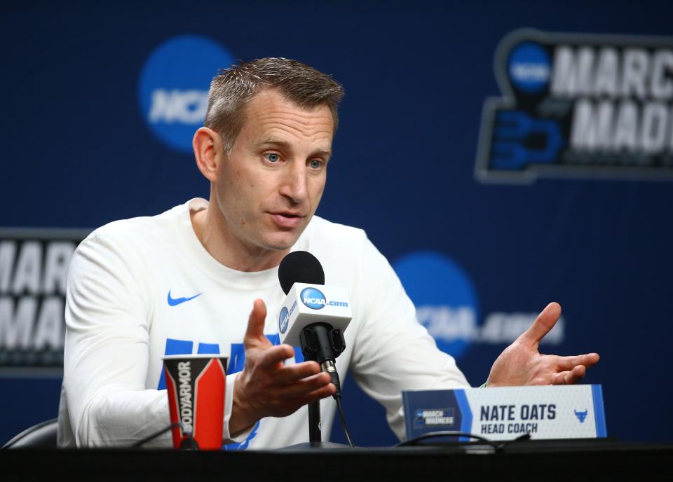 Buffalo Bulls head coach Nate Oats speaks to the media before the first round of the 2019 NCAA Tournament at BOK Center.