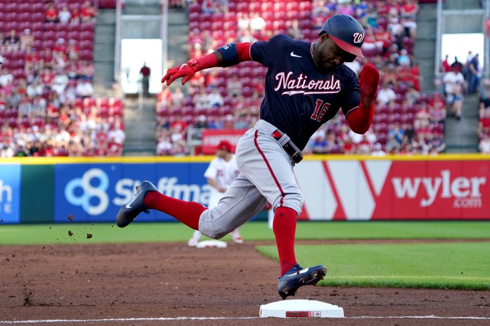 Washington Nationals center fielder Victor Robles (16) rounds third base to score after Washington Nationals second baseman Cesar Hernandez (1) (not pictured) hit a single the third inning of a baseball game against the Cincinnati Reds, Friday, June 3, 2022, at Great American Ball Park in Cincinnati. 