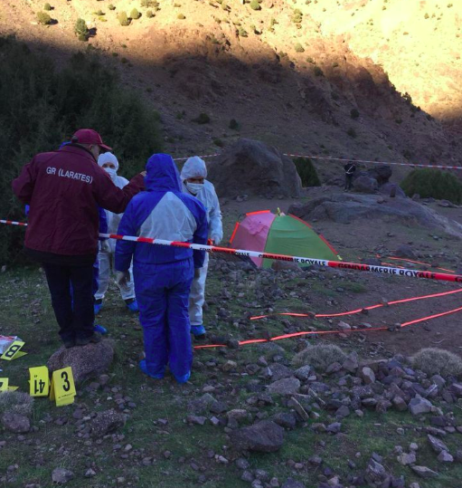 <span>A forensic team scours the grounds of the campsite where the backpackers were found. Source: AP</span>