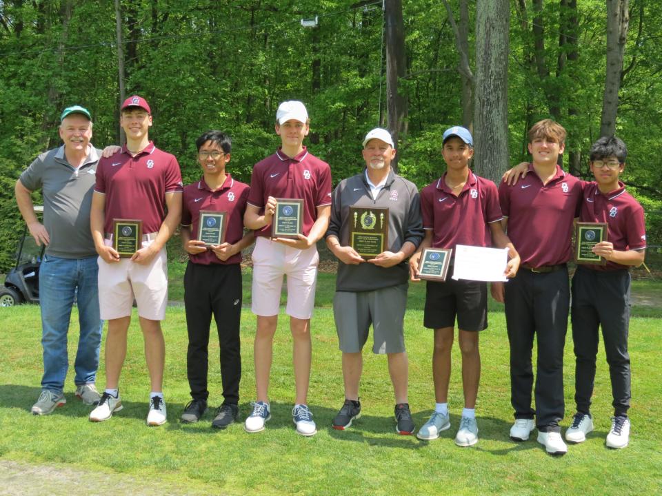 Don Bosco won the Bergen County Large Schools golf team title at Soldier Hill GC in Emerson on Thursday, May 11, 2023: From left: Assistant coach Finn, Lucas Hofmeister, Stephen Viray, Cameron Ward, coach Gerard Ross, Aarush Malmandi, Nick Theodorou and Julius Viray.