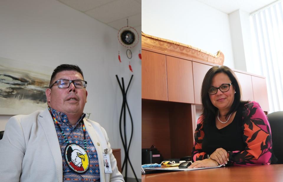 Guy Niquay, the associate CEO of the Lanaudière health board, left, is also an Atikamekw leader, who was hired following Maryse Poupart's, right, appointment as CEO of the health board in 2021, following Joyce Echaquan's death Sept. 28, 2020.