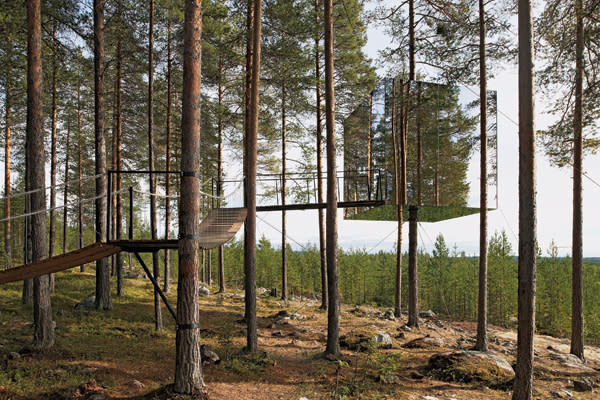 <h2>Mirrorcube Treehotel (Harads, Sweden)</h2> Set among centuries-old pines in the boreal forest and designed in collaboration with some of Scandinavia’s most celebrated architects, five tree rooms—there are plans for an eventual 24—are built in a variety of materials and styles. The ultra-modern Mirrorcube is clad in reflective exterior walls that render the cube virtually invisible. To prevent birds from flying into the cube, it’s treated with infrared film that’s invisible to humans. In true Swedish style, there’s also a tree sauna that can accommodate up to 12 people. <br><br><b>PRICE</b>: From $570 a night based on double occupancy.<br> treehotel.se (Photo: Åke E:son Lindman/Tham & Videgård Arkitekter)