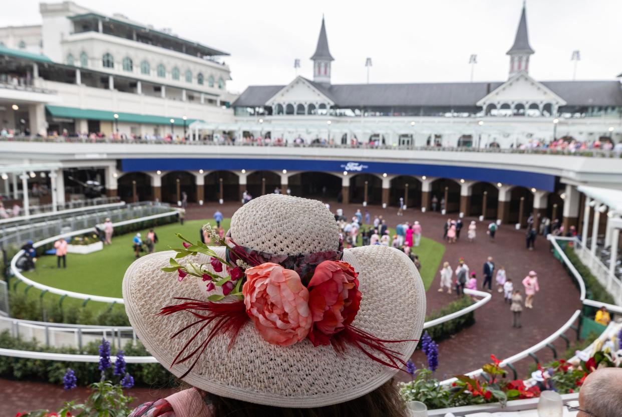 Diners enjoy the view of the new 200 million dollar paddock on Kentucky Oaks day at Churchill Downs on Friday, May 3, 2024.