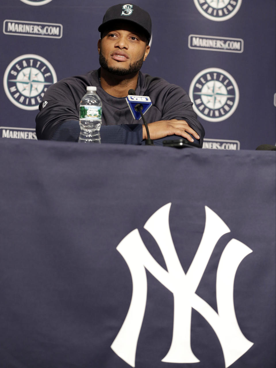 Seattle Mariners' Robinson Cano responds to a question during a news conference before a baseball game against the New York Yankees, Tuesday, April 29, 2014, in New York. (AP Photo/Frank Franklin II)