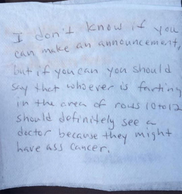 Passenger Hands Flight Attendant Hilarious Note About Farting In Rows 10 To 12