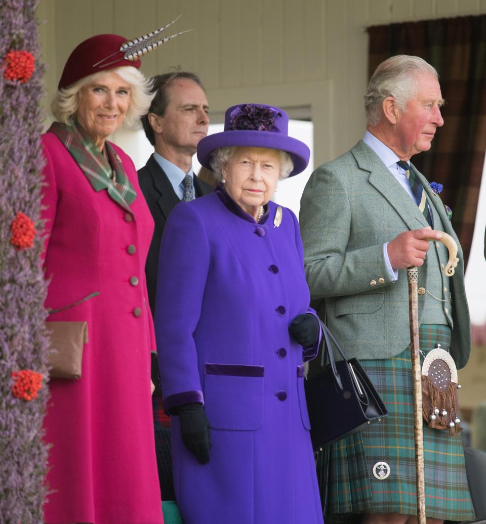 Queen Elizabeth, accompanied by Camilla, Duchess of Rothesay, and Prince Charles, Duke of Rothesay (as they are known in Scotland.)