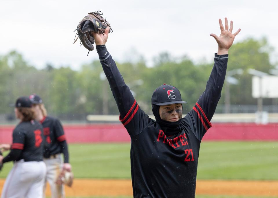 Cinnaminson pitcher LC Smith throws his hands up in celebration during a 3-1 win over Cherry Hill East in the 49th annual Joe Hartmann Diamond Classic on Wednesday.
