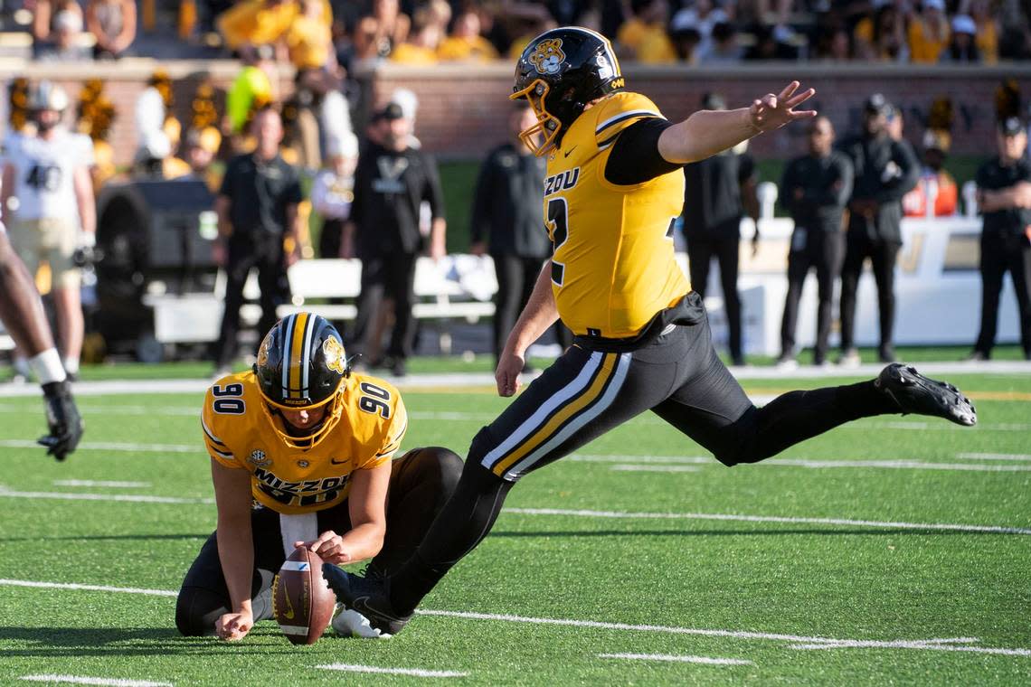 Missouri place-kicker Harrison Mevis, right, has made more field goals, 15, than anyone else in the SEC this season.