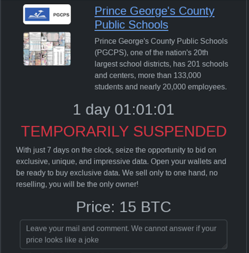 The Rhysida ransomware gang’s extortion efforts against the school district in Prince George’s County, Maryland, were “temporarily suspended” for several days, suggesting that negotiations were ongoing. (Screenshot)