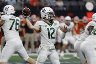 FILE - Baylor quarterback Blake Shapen passes the ball during the second half of the Big 12 Championship NCAA college football game against Oklahoma State in Arlington, Texas, Saturday, Dec. 4, 2021. Baylor is set to kick off its season on Sept. 3, 2022, against Albany. (AP Photo/Roger Steinman, File)