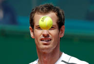 Tennis - Monte Carlo Masters - Monaco, 19/04/2017. Andy Murray of Britain looks at the ball during his match against Gilles Muller of Luxemburg. REUTERS/Eric Gaillard