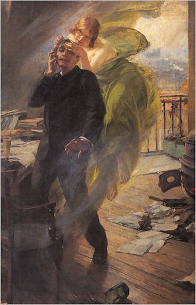 En el lienzo ‘La musa verde’ (1895), de Albert Maignan, un poeta sucumbe al Hada Verde. <a href="https://en.m.wikipedia.org/wiki/File:Albert_Maignan_-_La_muse_verte.jpg" rel="nofollow noopener" target="_blank" data-ylk="slk:Wikimedia;elm:context_link;itc:0;sec:content-canvas" class="link ">Wikimedia</a>, <a href="http://creativecommons.org/licenses/by/4.0/" rel="nofollow noopener" target="_blank" data-ylk="slk:CC BY;elm:context_link;itc:0;sec:content-canvas" class="link ">CC BY</a>