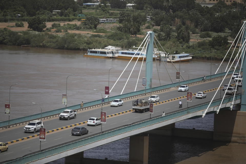 Traffic moves on a bridge in Sudan's capital Khartoum, Tuesday, Sept. 21, 2021. Sudanese authorities reported a coup attempt on Tuesday by a group of soldiers but said the attempt failed and that the military remains in control. The development underscored the fragility of Sudan’s path to democracy, more than two years after the military's overthrow of longtime autocrat Omar al-Bashir amid a public uprising against his three-decade rule. (AP Photo/Marwan Ali)