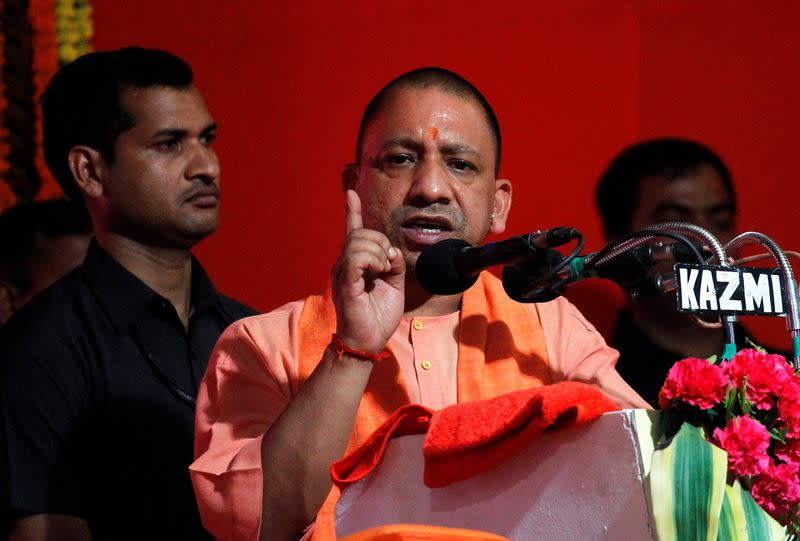 Yogi Adityanath, Chief Minister of India's most populous state of Uttar Pradesh, addresses the audience after inaugurating power projects in Allahabad