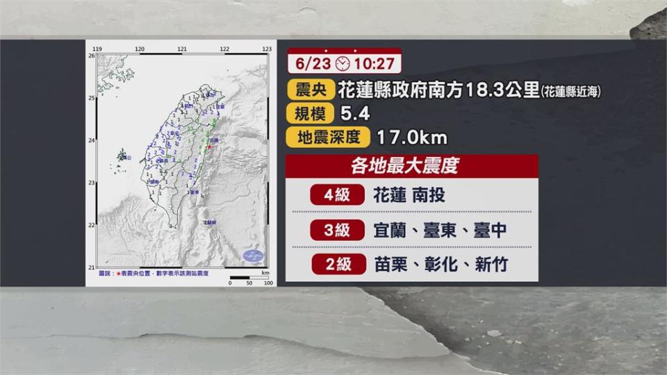 0403餘震！　昨晚22：27花蓮5.4強震　最大震度花蓮.南投4級