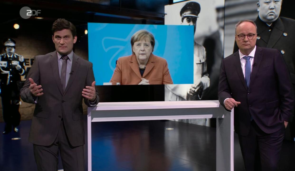 Ist Angela Merkel eine gute Diktatorin? Christian Ehring (links) gab in der "heute-show" mit Oliver Welke die Antwort: Nein! (Bild: ZDF)