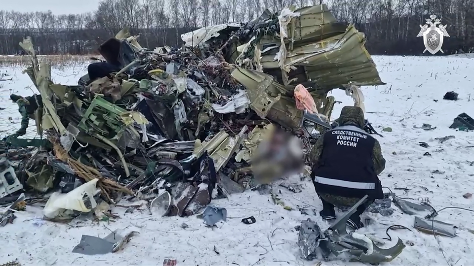 Footage released by the Russian Investigative Committee shows what investigators say is the plane crash site in the Belgorod region (RUSSIAN INVESTIGATIVE COMMITTEE/)