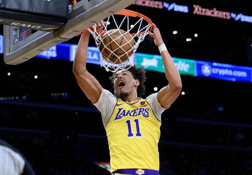 LOS ANGELES, CA - MARCH 4, 2024: Los Angeles Lakers center Jaxson Hayes (11) scores.