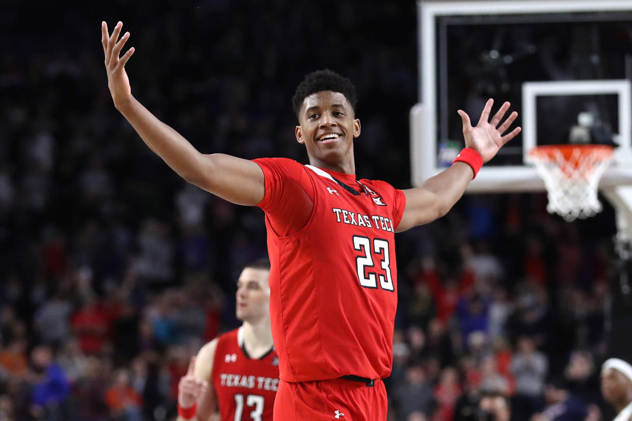 MINNEAPOLIS, MINNESOTA - APRIL 06: Jarrett Culver #23 of the Texas Tech Red Raiders celebrates late in the second half against the Michigan State Spartans during the 2019 NCAA Final Four semifinal at U.S. Bank Stadium on April 6, 2019 in Minneapolis, Minnesota. (Photo by Streeter Lecka/Getty Images)