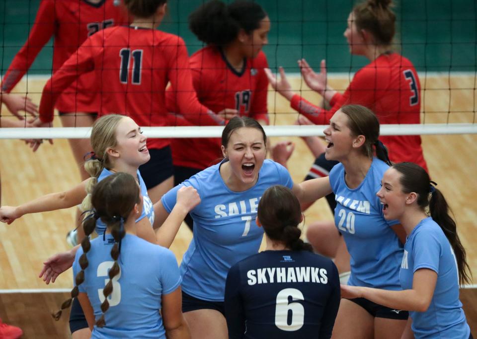 Salem Hills celebrates a point during the 5A volleyball state tournament quarterfinal game against Woods Cross at the UCCU Center in Orem on Thursday, Nov. 2, 2023. Woods Cross won 3-2. | Kristin Murphy, Deseret News