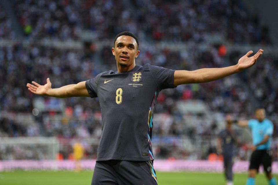 Trent Alexander-Arnold celebrates after scoring England’s second goal (Getty Images)