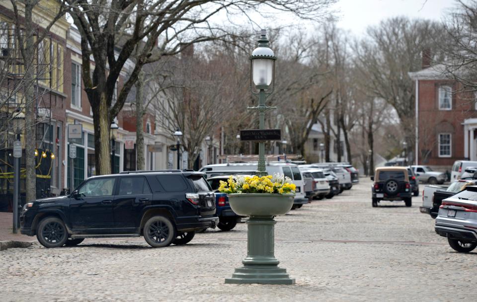 Daffodils fill the fountain at Lt. Max Wagner Square on Main Street on Nantucket, in an April 2022 photo.