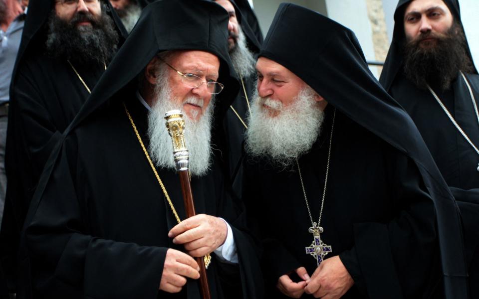 Abbot Ephraim talking with Patriarch Bartholomew at Mount Athos in 2011