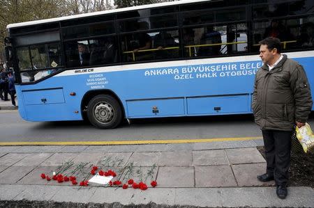 Carnations are placed at the site of Sunday's suicide bomb attack in Ankara, Turkey March 15, 2016. REUTERS/Umit Bektas