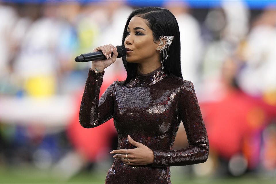 Jhené Aiko performs "America the Beautiful" before the NFL Super Bowl 56 football game between the Los Angeles Rams and the Cincinnati Bengals Sunday, Feb. 13, 2022, in Inglewood, Calif. (AP Photo/Lynne Sladky)