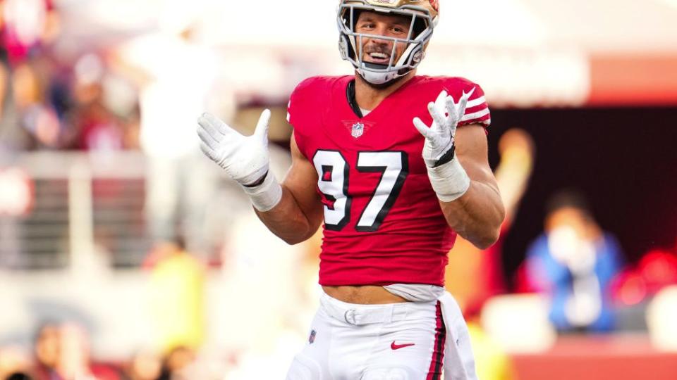 santa clara, ca september 21 nick bosa 97 of the san francisco 49ers celebrates at levis stadium on september 21, 2023 in santa clara, california photo by cooper neillgetty images