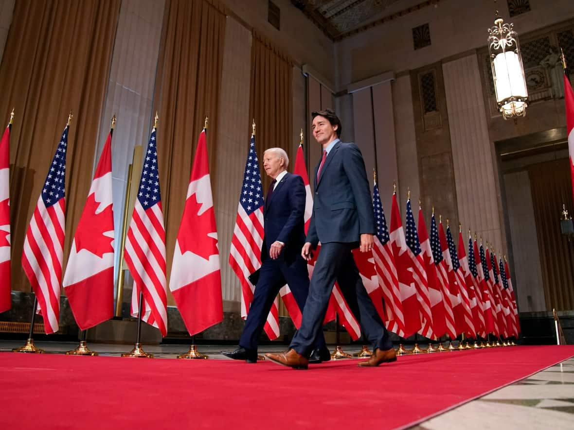 President Joe Biden and Prime Minister Justin Trudeau arrive for a news conference on Friday, March 24, 2023, in Ottawa.  (Andrew Harnik/The Associated Press - image credit)