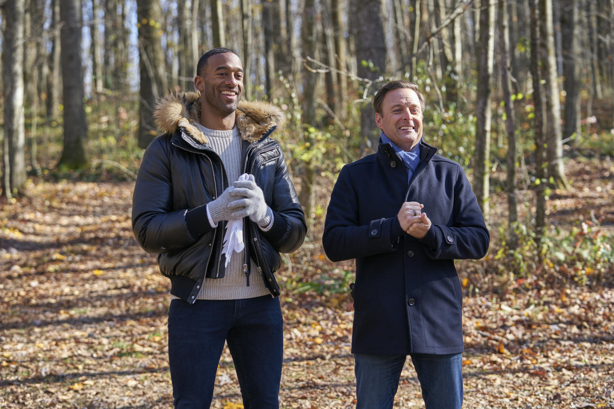 Matt James and Chris Harrison film season 25 of The Bachelor. (Photo: Getty Images) 