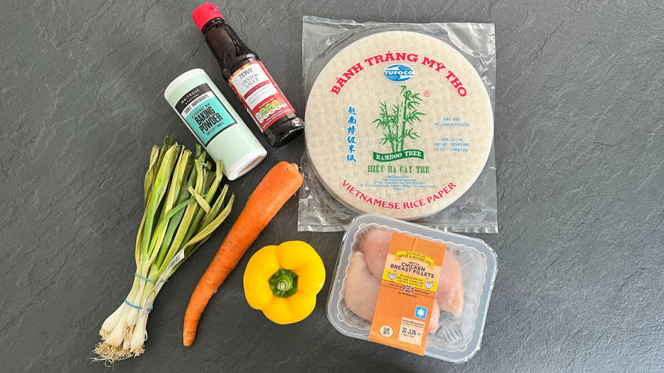 Air fried spring rolls ingredients on a surface