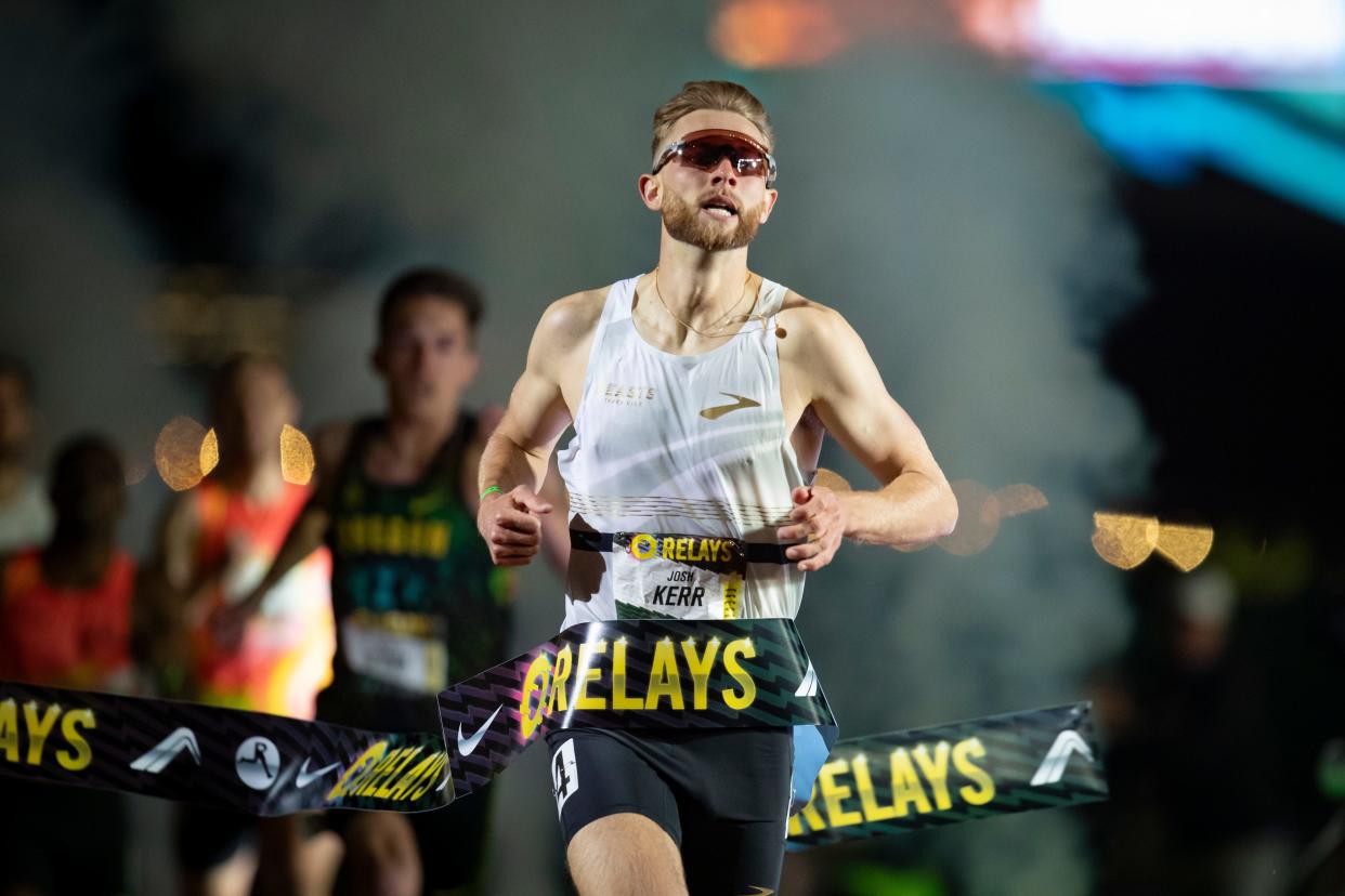 Josh Kerr wins the men’s 800 meters on day two of the Oregon Relays Saturday, April 20, 2024, at Hayward Field in Eugene, Ore.