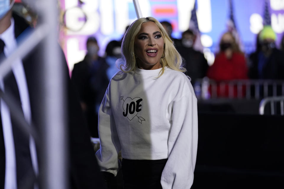 Lady Gaga looks on during a drive-in rally for Democratic presidential candidate former Vice President Joe Biden at Heinz Field, Monday, Nov. 2, 2020, in Pittsburgh. (AP Photo/Andrew Harnik)