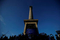 Protesters participating in an anti-Brexit demonstration march sit at the base of Nelson's Column, in Trafalgar Square, in central London, Britain October 20, 2018. REUTERS/Henry Nicholls