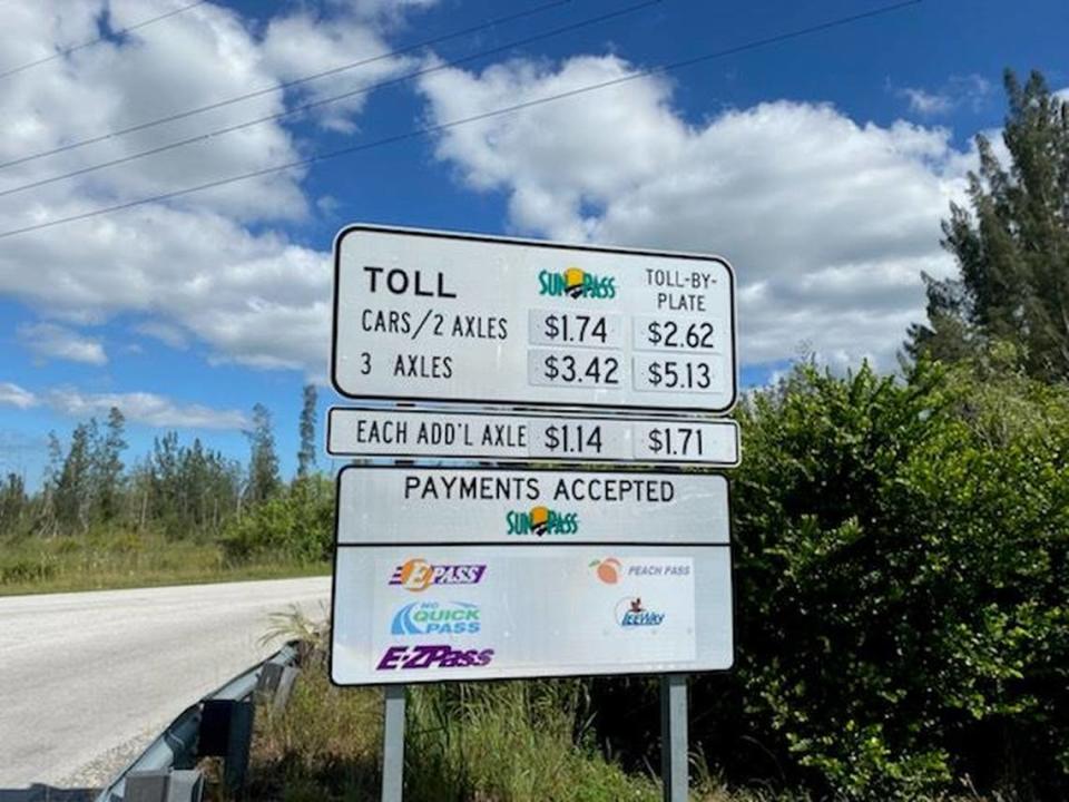 The toll sign for Card Sound Road.