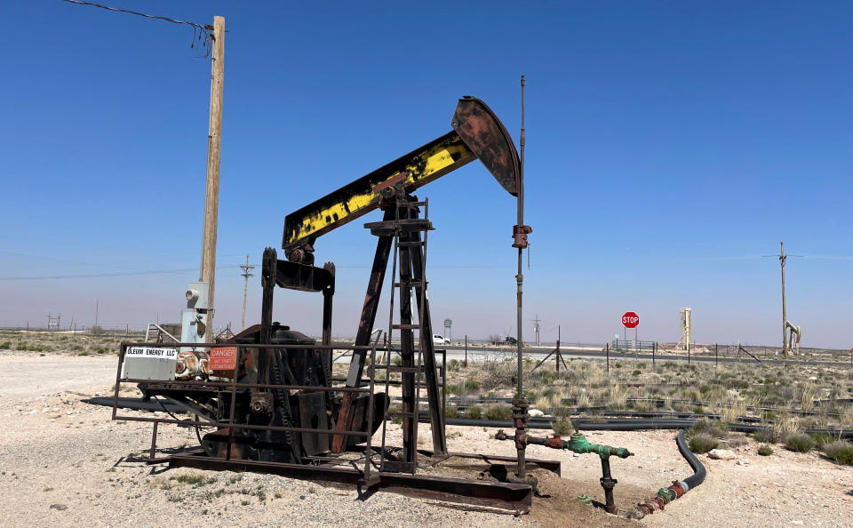tickers An oil pump jack is seen in the Loco Hills region, New Mexico, U.S., April 6, 2023. REUTERS/Liz Hampton