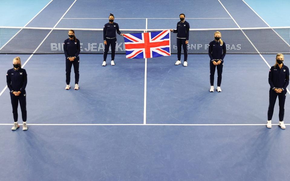 Team Great Britain pose for a group shot during the draw of the Billie Jean King Cup Play-Offs between Great Britain and Mexico - GETTY IMAGES