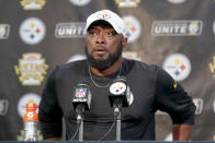 FILE - In this Aug. 9, 2019, file photo, Pittsburgh Steelers head coach Mike Tomlin arrives for a news conference after an NFL preseason football game against the Tampa Bay Buccaneers in Pittsburgh. Tomlin’s seat isn’t hot, but the decision to sign him to a one-year extension through 2021 (with an option for a second) instead of something longer term sent a message that being a contender might not be good enough. (AP Photo/Keith Srakocic, File)