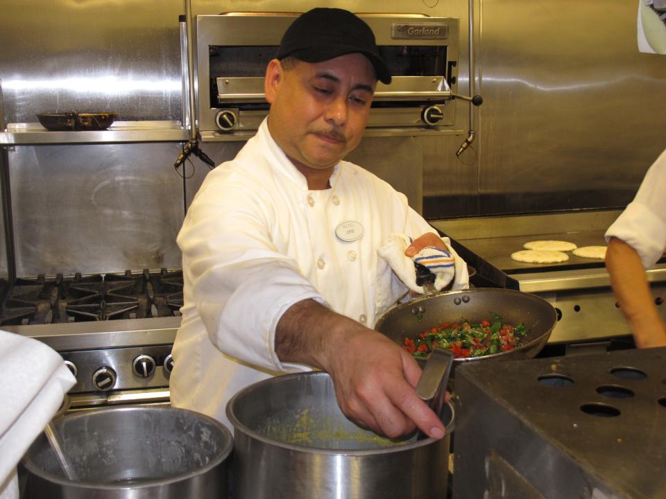 Chef Jorge Perez cooks vegetables for an egg dish at Revel, the Atlantic City N.J. casino resort on Monday, April 8, 2013. Atlantic City officials unveiled a new $20 million campaign on Tuesday, April 9, 2013 to attract more tourists to the seaside gambling resort. (AP Photo/Wayne Parry)