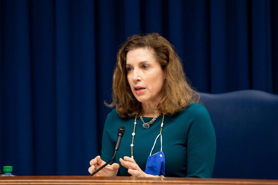 State Representative Aimee Adatto Freeman speaking at the Senate Select Committee on Women and Children at the Louisiana State Capitol in Baton Rouge, LA.  Thursday, April 8, 2021.