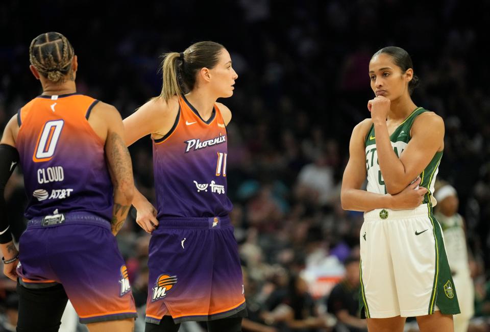 Seattle Storm guard Skylar Diggins-Smith (4) waits for the start of the third quarter against the Phoenix Mercury at Footprint Center in Phoenix on Sunday, June 16, 2024.