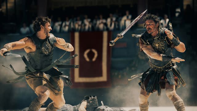 <p>Paramount Pictures</p> Paul Mescal and Pedro Pascal in Gladiator II